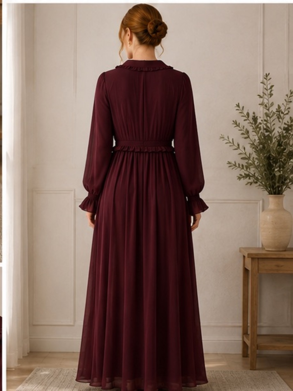 Dress Forum - Elegant Long Sleeve V-Neck Maxi Dress in Burgundy - Picture 3 of 8